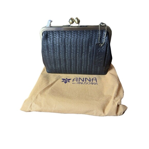 ANUSCHKA Black Woven Genuine Leather Handbag Kiss Lock Clutch Shoulder Bag Purse - Picture 1 of 6